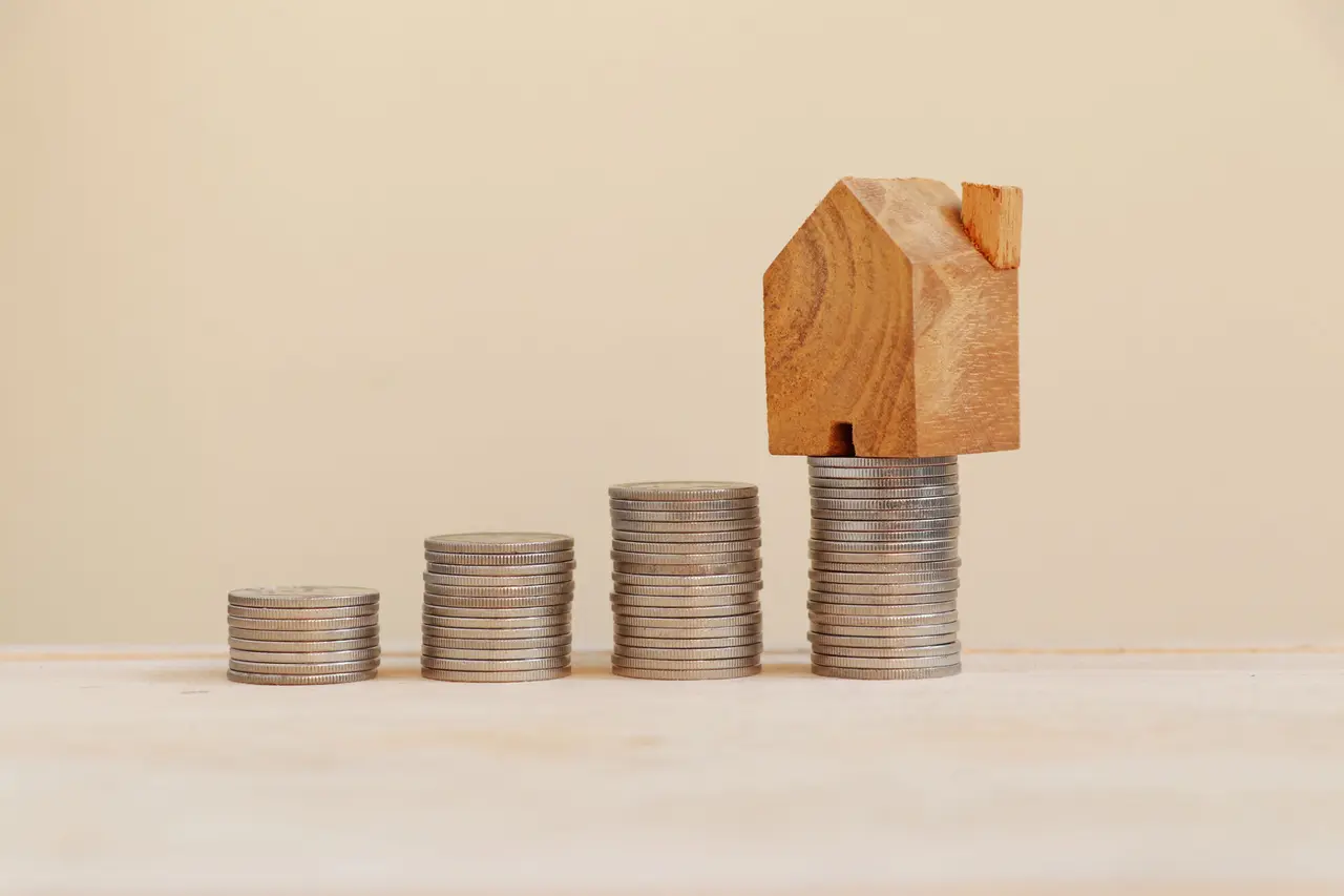 Coins are arranged in bars graph with wooden home model on top.